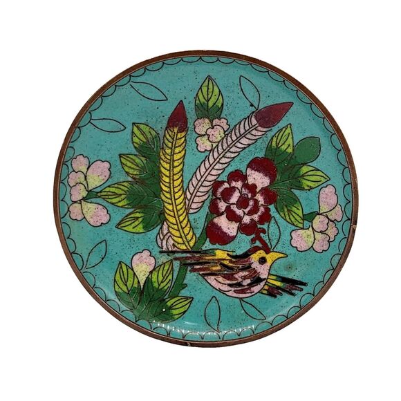 Enameled Metal Mini Trinket Dish Plate Bird Flowers Hand Crafted Colorful 4.25" - Picture 1 of 6